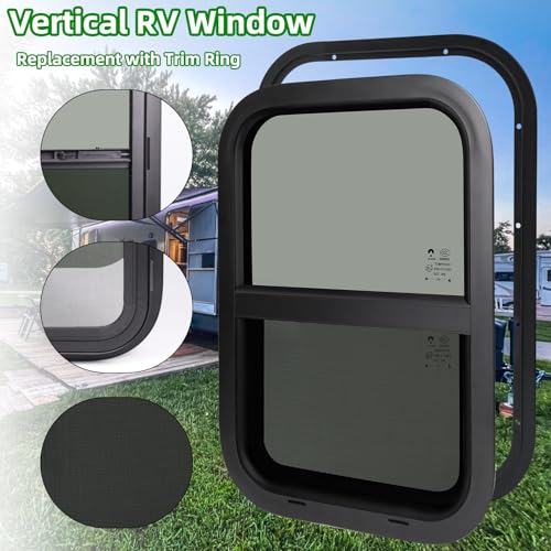 Image of 15 inchW x 22 inchH RV Windows for Cargo Trailer Camper,Tinted Vertical Sliding | Cargo Utility Trailer Window Replacement w /Screen&Trim Ring,Fit 15 /16 inch or 1-3 /8 inch Thick Wall,Allow Error 1 /16,DOT Approved