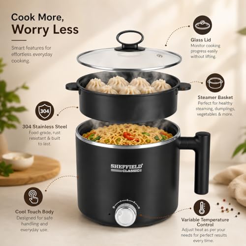 Image of Sheffield Classic 1.5L Multipurpose Electric Kettle with Steamer & Egg Tray | 600W Multi Cooker for Boiling Water, Milk, Eggs, Tea & Cooking Noodles | Variable Temperature Control (Black)