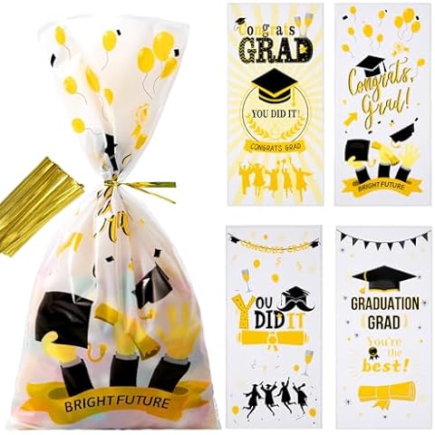 Artby7 50 Pack Congrats Grad Goodie Bags, Graduation Candy Bags Graduation Cellophane Bags with Twist Tie for Grad Party Treat Gift Cookie Cover