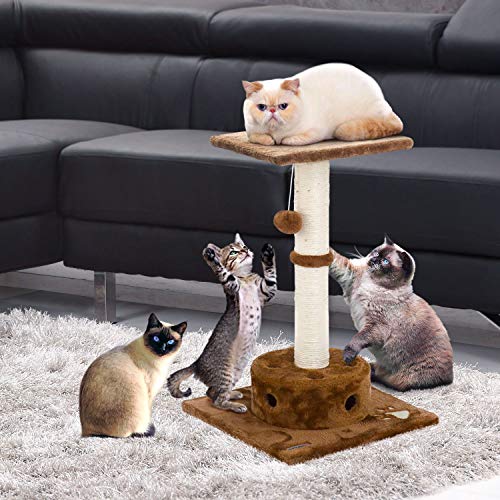 Fluffy Paws – Cat Tree With Scratching Post, Cat Toy And Soft Carpeted 16 X 16 Base | Cat Tower Is 18" H, Plenty Of Room For Playing, Scratching & Sleeping | Kittens Not Included, Beige/Brown #TOP6