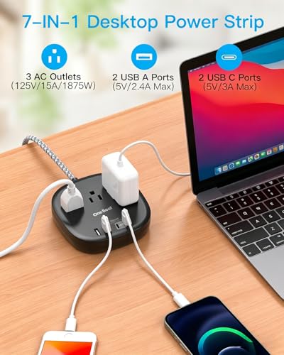 Image of 10 Ft Long Extension Cord, Cruise Ship Travel Essentials, 22.5W /4.5A Flat Plug Power Strip with 3 Outlets 4 USB Ports (2 USB C), 10ft Black Power Strip No Surge Protection, Desktop Charging Station