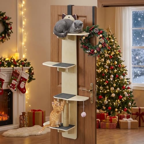 Cat Door Hanger 4-Levels Door Hanging Cat Climber with Scratching Post & Tease Cats Ball Door Mounted Vertical Cat Tree Tower Indoor Over Door Climber (A)