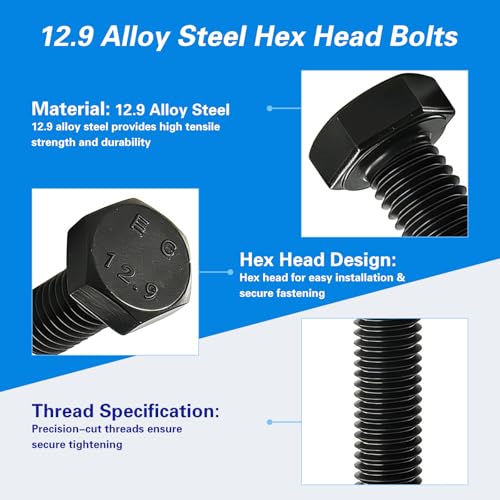 Image of M10x1.5 x 50mm Hex Head Screws Bolts, 12.9 Grade Alloy Steel, Hexagon Head Bolts, Black Oxide Finish, Full Thread, Quantity 10