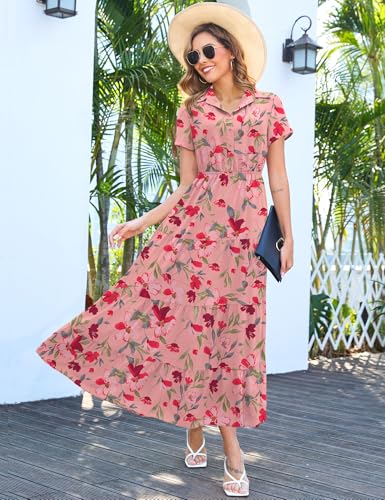Image of Kranda Women 2026 Summer Collared V Neck Short Sleeve Button Down Chiffon Long Tiered Floral Maxi Dress with Pockets