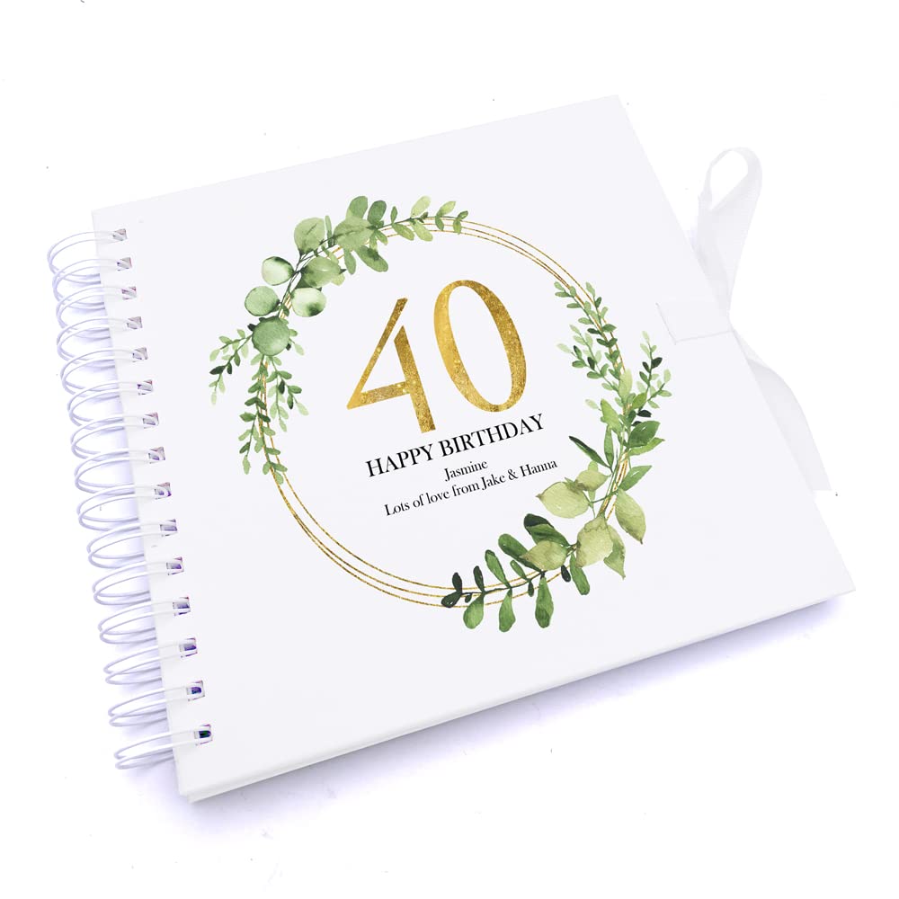 Ukgiftstoreonline White Personalised 40Th Birthday Gift For Her Scrapbook Photo Album Gold Wreath Design