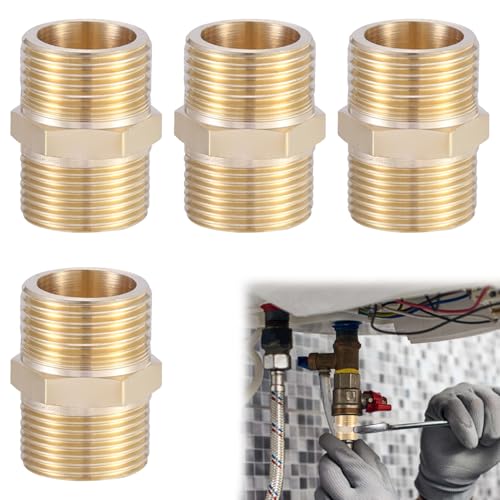 4Pcs 1/2 Male to 1/2 Straight Brass Nipple Connector - G1/2 X G1/2 Thread Connecting Conversion for Shower Tap Hose Metal Pipe Fittings Hex