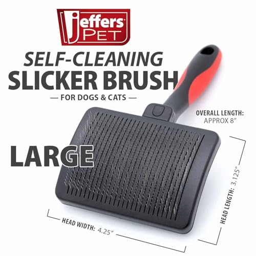 Image of Jeffers Pet Self-Cleaning Slicker Brush for Dogs & Cats - Self Cleaning Button, Removes Tangles & Loose Hair, Non Slip Handle for Easy Grooming, Go To Gift for Pet Owners - Black, Red - Large