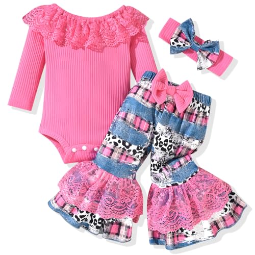 Image of HINTINA Newborn Baby Girl Short Sleeve Bodysuit Flared Pants Ribbed Outfits