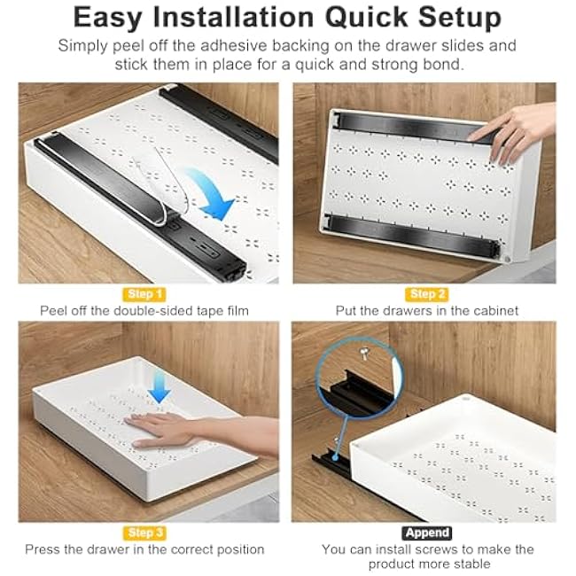 4 Pack Pull Out Cabinet Organizer, Different Size Pull Out Drawers for Cabinets, Peel and Stick Slide Out Drawer Shelves, Multifunctional Drawer Organizers for Kitchen, Pantry, Bathroom (White)