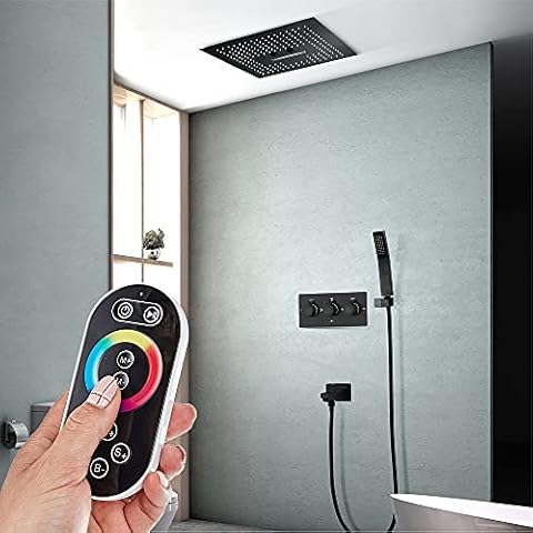 ALYHYB Classic Design 15.7” Square Recessed Waterfall Rain Shower Head w/ 3 Modes (Rain+ Jet + Massage) with Remote Control For Multi-color LED Light & Self-cleaning Nozzle Cover