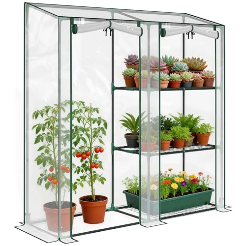 Outsunny Serre de Jardin avec étagères 3 Niveaux, Petite Serre de Balcon en Bâche PVC et Châssis Acier, 2 Portes Enroulables, pour Légumes Plantes Fleurs, 143 x 45 x 151 cm, Transparent