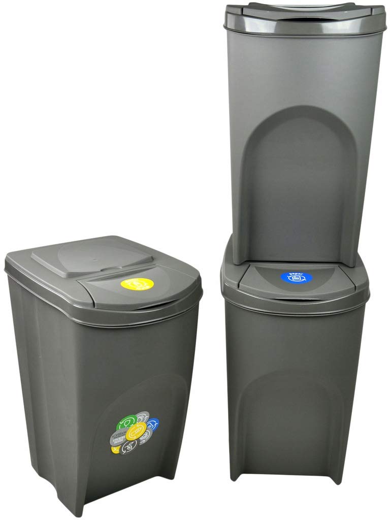 Prosperplast Sortibox Kosz na Śmieci z Systemem Segregacji Odpadów (3 x 35 l, szary) Komplet Trzech Plastikowych Koszy do Segregacji Śmieci z Naklejkami, Przeznaczone do Plastiku, Papieru, Szkła
