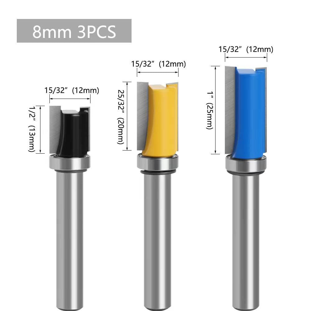 3Pcs Frese per Legno Gambo 8mm, Fresa a Taglienti Diritti per Rifilare con Cuscinetto, Fresa per Rifilare per Scanalature Frese per Legno, Trimm Carving Tool