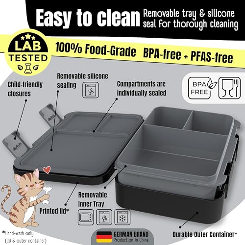 Image of BEARFOOT Kids Lunch Box with Compartments - Compact & Lightweight | Leak-Proof, BPA-Free, Dishwasher Safe | Hand-Drawn Design for Preschool, School, Travel (Black, 4 Cups)