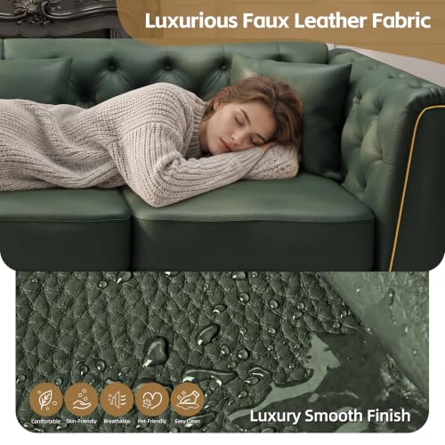 Image of KEIKI 62 inch Faux Leather Chesterfield Sofa with Handmade Button Tufted, Green | Luxury Modern 2-Seater Couch with Metal Trim Armrests & High Resilience Cushion & 2 Pillow, Easy Assembly, for Living Room
