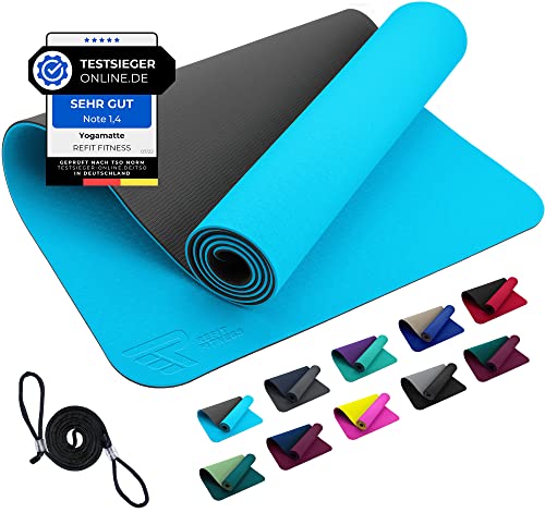 REFIT FITNESS Esterilla de yoga Perfect-Fit, 183 x 61 x 0,6 cm, azul claro, antracita, GeckoGrip Sensi-Plus TPE, esterilla de yoga, antideslizante, libre de sustancias nocivas, correa de transporte,