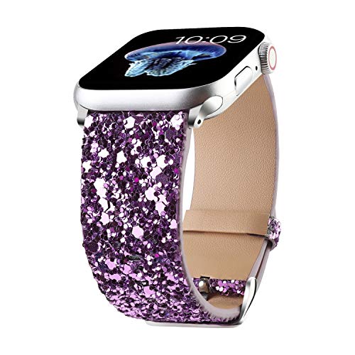Bling Band Compatible with Apple Watch Bands 38mm 40mm 41mm 42mm 44mm 45mm 46mm 49mm Ultra 3/2/1, Glitter Sparkle Leather Strap For iWatch Band Series 11/10/9/8/7/6/5/4/3/2/1 & SE3 SE2 SE (Purple) by JOHIPI - Used condition - US$10.85