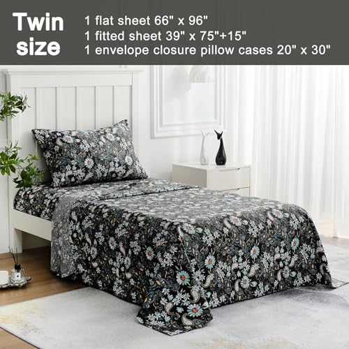 Image of JSD Black Paisley Floral Printed Twin Sheet Set Extra Deep Pocket | 3 Piece Soft Microfiber Sheets, OEKO-TEX Certified, Easy Care