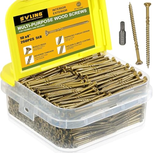SVLING #10 x 4 Multi-Purpose Wood Deck Screw for Interior and Exterior,Bugle Head Golden Coated with T25 Bit Star Drive Torx Furniture Building/Fence/Decking(260Pcs,5LBS)