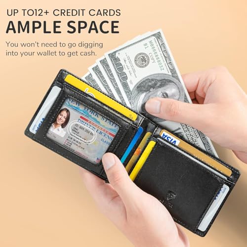 Image of GSOIAX Mens Slim Wallet RFID Blocking Bifold Carbon Fiber Thin wallets for men Minimalist Genuine Leather Card Holder Money Clip with Gift Box (Black-1)