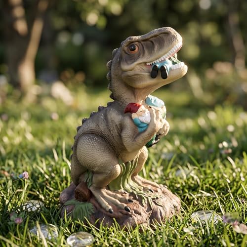 PARTYGEARS Dinosaur Statue with Gnomes 16 Large Outdoor Garden Statues Yard Decor Funny Dinosaur Holding Gnomes Figurines for Patio Lawn Weatherproof Gnome Decorations for Home Unique