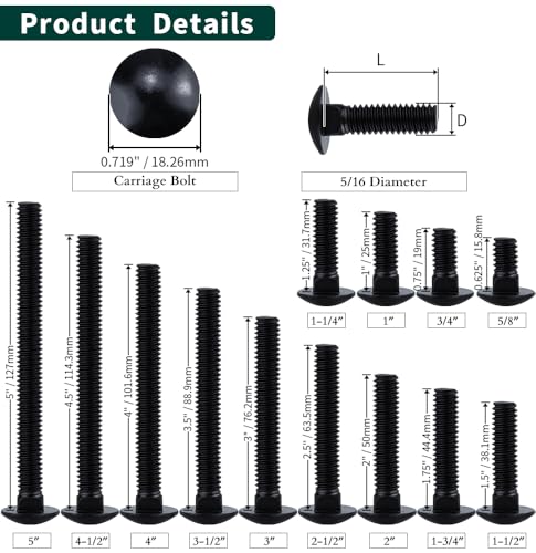 Image of 5 /16-18 x 2-1 /2 inch Black Steel Carriage Bolts, 304 Stainless Steel 18-8, Round Domed Head Square Neck Carriage Bolts Screws, Coarse Thread UNC, 10 PCS
