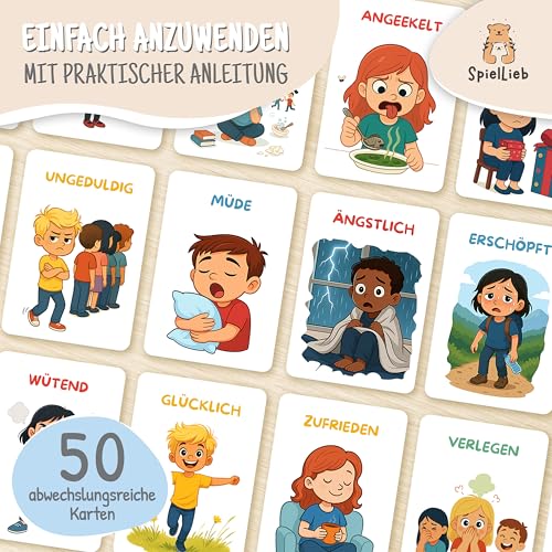 SpielLieb® Gefühlskarten für Kinder zur Selbstregulation Kinder mit 50 Emotionskarten für Gefühle und Achtsamkeit ideal für Kindergarten und Grundschule fördert emotionale Stärke und Empathie