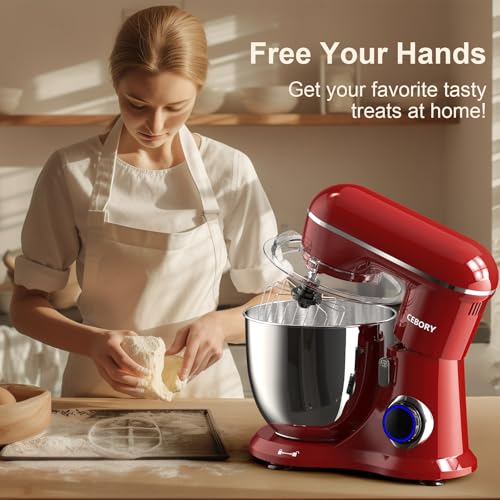 Image of CEBORY 3-IN-1 Electric Stand Mixer, 6.5QT Bowl 660W 10-Speed Kitchen Mixer, Household Food Mixers include Dough Hook, Beater and Whisk, Bread Cake Mixer for Baking and Most Home Cooks, Red
