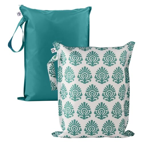 Image of Tiny Twinkle Wet Dry Bag – 2 Pack Reusable Waterproof & Mess Proof Wet Bags for Swimsuits & Travel, Baby Towels & Beach Essentials,a Diaper Bag Must-Have(Peacock)