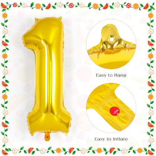 Image of AIQINHU Fruit Number 1Balloon, Apple Orange Watermelon Fruit Foil Balloons, 40 Inch Mylar Gold 1 Balloon For Fruit Summer First 1st Birthday Party Decorations Supplies