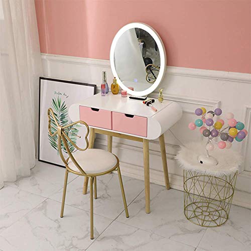 JOYBASE Bow Shaped Vanity Chair, Iron Make Up Leisure Chair, Bedroom Princess Chair, Girls Ladies Creative Makeup Stool with Back Butterfly Bow Tie (White & Yellow Bronze)