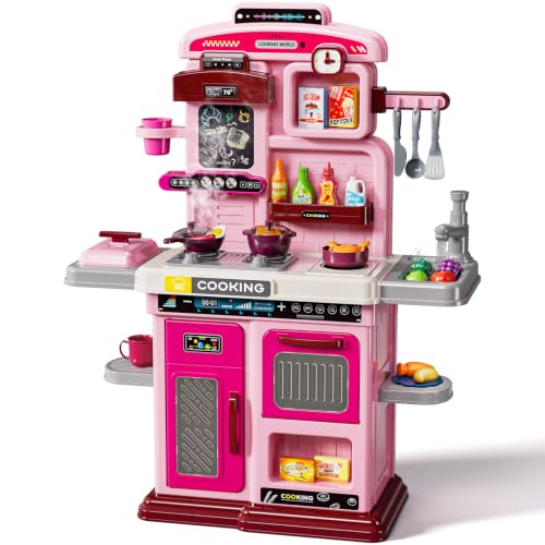Image of Play Kitchen Playset Cooking Accessories - with Steam, Sound & Light, Cooking Stove, Play Sink, Oven, Play Food and Toy Kitchen Accessories, Pretend Play Toys for Girls Gift