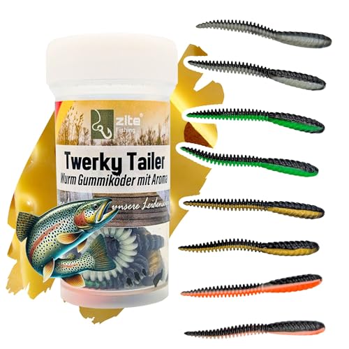 Zite Fishing Twerky Tailer Forellenköder Gummi | 3in1 Gummiköder Forelle | Made in Germany | Phthalatfrei | Knoblauch & Käse Aroma | Forellenangeln Köder & Spoons Alternative (Dark Mix Käse)