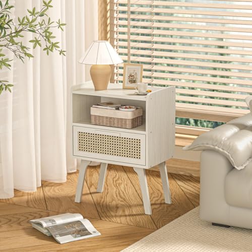 Image of Lerliuo Rattan Nightstands Set of 2, Side Table with Drawer Open Shelf | Cane Accent Bedside End Table, Mid Century Modern Night Stand for Bedroom, Dorm and Small Spaces (Grey White)
