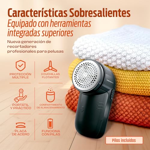 Miniatura 7 de Portentum Quitapelusas Eléctrico - Eliminador De Pelotillas Para Ropa, Cuchillas De Acero Inoxidable. Contenedor De Pelusas Desmontable. Pilas Incluidas. Accesorios: Cepillo Para Limpieza