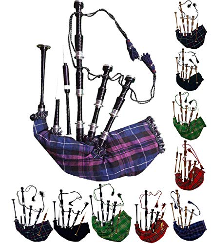 AAR Schottische Dudelsack aus Rosenholz oder schwarzem Finish mit silberfarbenen Passepartouts inklusive Tutorbuch, Tragetasche, Drohne, Schilfrohr Black Finish