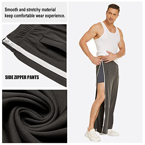 Deyeek Mens Tear Away Basketball Pants 2 Side Zippers Snap Off Full Open Down Sweatpants Leg Post Surgery Pant With Pockets Grey #TOP3