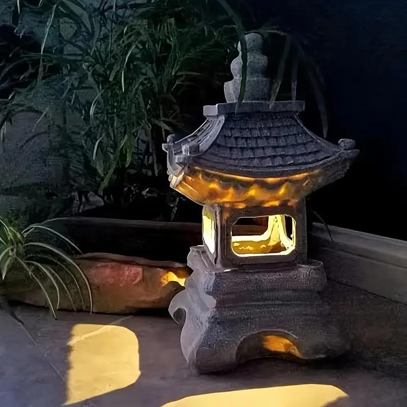 Solar Powered Garden Pagoda Lantern, Asian Zen Stone Tower Statue, Indoor Outdoor Decorative Landscape Art (Four Corner Palace Lantern, 1pcs)