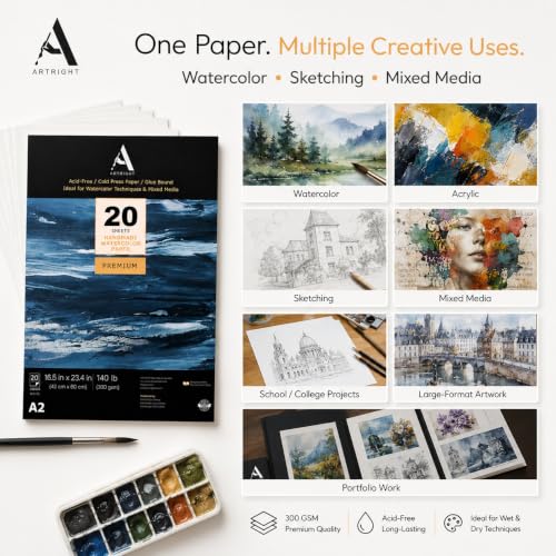 Image of ArtRight Artists' Watercolor Paper A2 300 GSM - 20 Sheets of Handmade Rough Grain Water Colour Papers for Watercolour, Acrylic, Gouache, Ink & Mixed Media