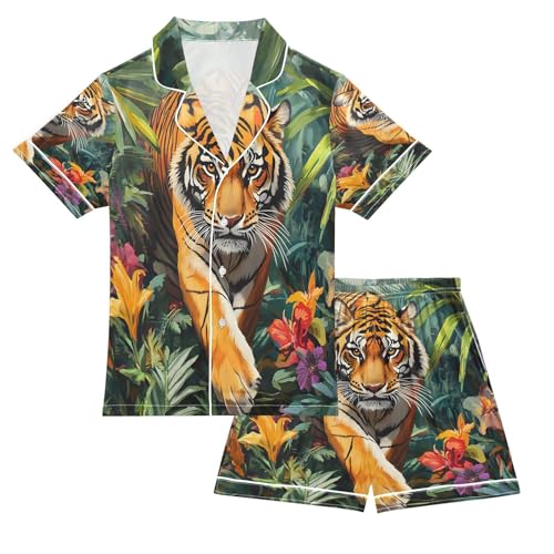 ALAZA Tiger Palm Leaf Blossom Satin Pajamas Set Short Sleeve Button Down Sleepwear Summer Pjs 2 Piece