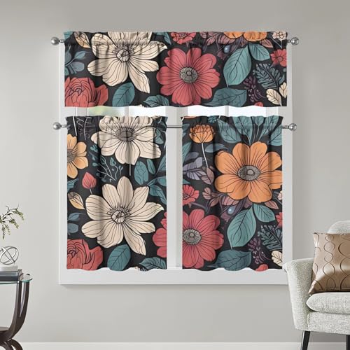 Image of Boho Kitchen Curtains 3 Piece Set Tier Valance Window Decor