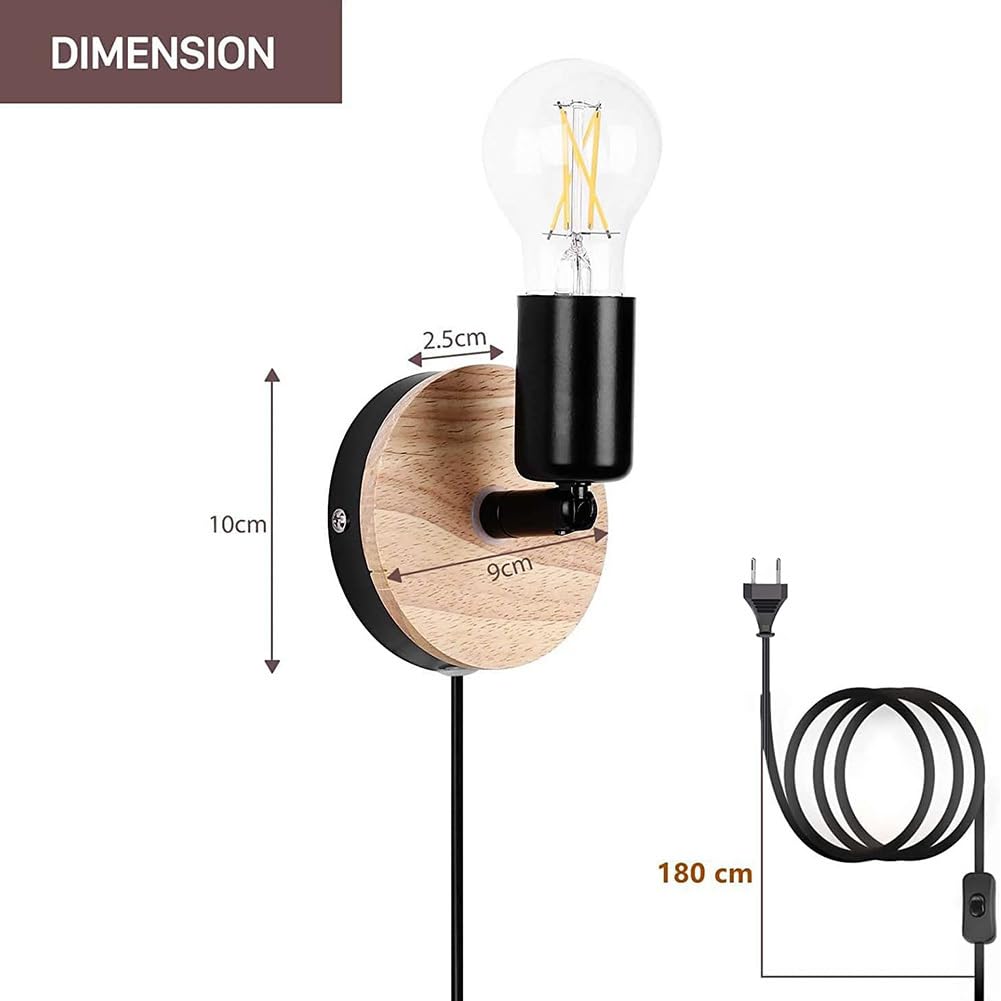 ZBZFGE Vintage Wandlampe Innen mit Schalter und Stecker Wandleuchte 360°+90° drehbar Holz Wandstrahler Schwarz Retro Industrie Wandbeleuchtung Metall für Schlafzimmer Wohnzimmer Treppenhaus