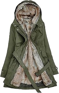 Cenlang Women's Winter Mid Length Thick Warm Faux Lamb Wool Lined Jacket Coat Casual Hooded Parka Overcoat Outwear with Belt
