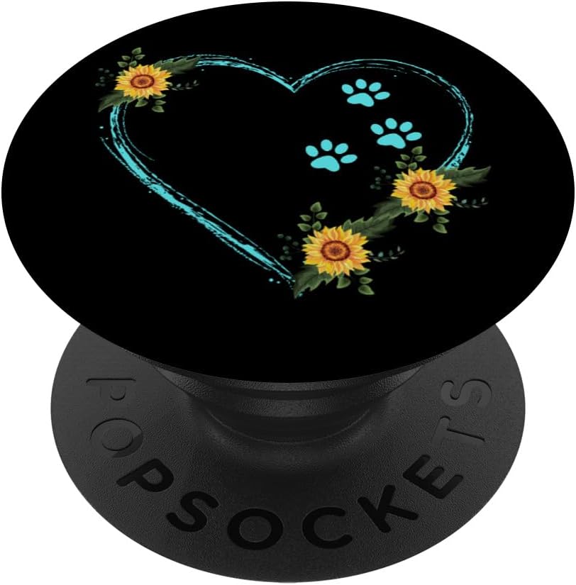 Blue Colorful Dog Paw Prints with Sunflower Heart On Black PopSockets PopWallet for MagSafe