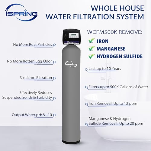 iSpring WCFM500K Whole House Water Filtration System for Iron, Manganese & Hydrogen Sulfide Removal, Well Water Compatible, Set & Forget, Lasts up to 10 Years