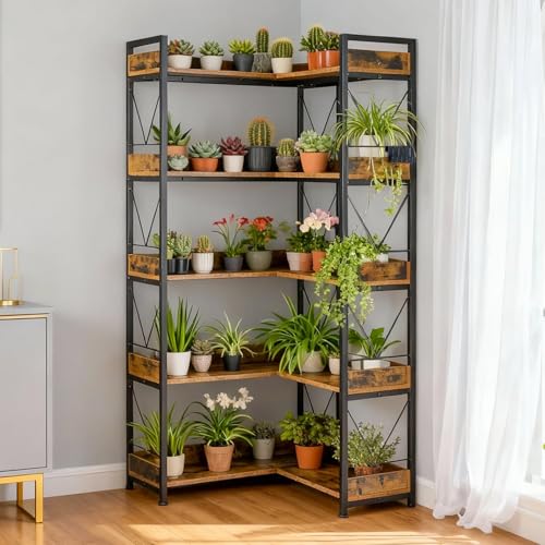 Image of DUMOS 65 inch L Shaped Bookshelf, 5 Tier Corner Bookcase with Hooks and Edge, Industrial Pantry Shelves with Metal Frame, Wooden Open Storage for Living Room, Home Office, Bedroom, Brown