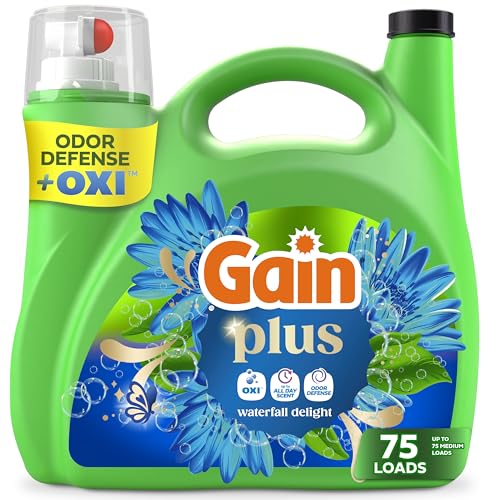 Image of Gain Plus Liquid Laundry Detergent, Cleaner, Fresher, Now with Oxi, Waterfall Delight Scent, 99 fl oz, 75 Loads