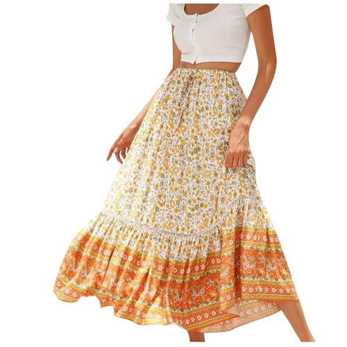 Womens Boho Floral Tie Up Waist Summer Beach Wrap Cover Up Maxi Skirt Full Length A-Line Stretchy Flared Casual Skirt