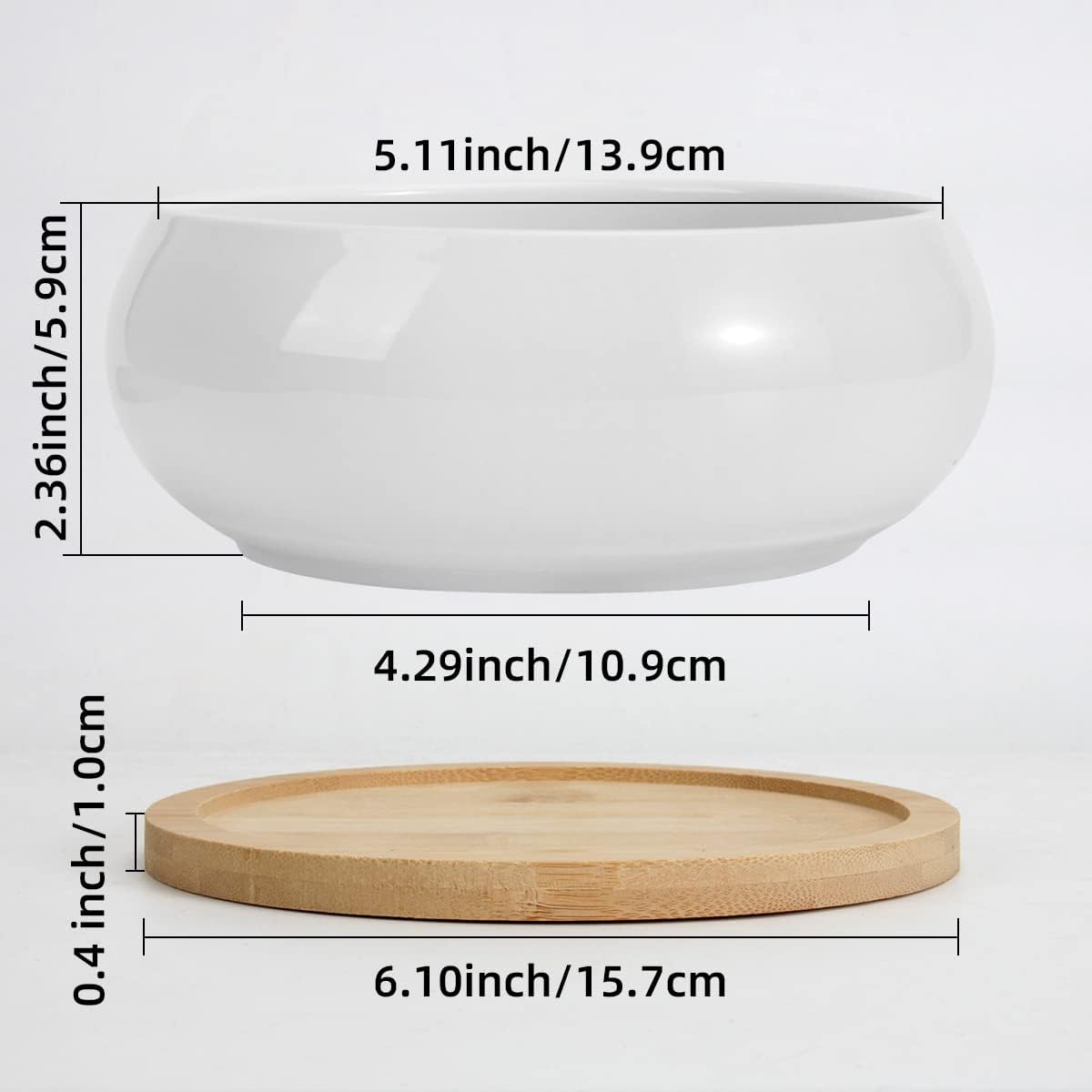 ZOUTOG 2 Pack Succulent Pots, 6 inch Ceramic Planters for Indoor Plants with Bamboo Tray, Pots with Drainage, Seeds＆ Plants Not Included