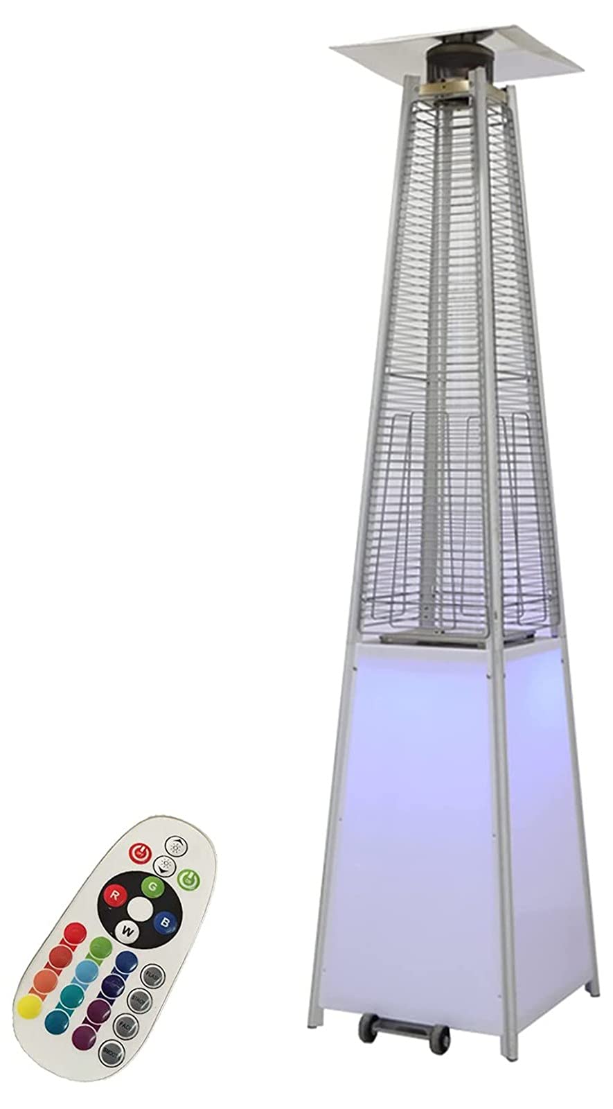 Riscaldatore A Propano Per Patio Esterno - Riscaldatore Per Patio A Piramide Da 48.000 BTU Con Luci A LED Che Cambiano Colore Con Fiamma In Tubo Di Vetro, Ruote, Accensione Rapida A Impulsi